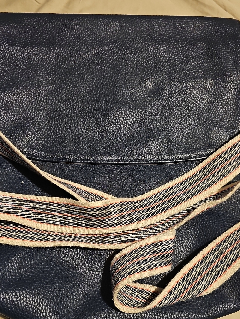 Thirty-one Navy Leather Crossbody Bag w/ Striped Canvas Strap And Removable Flap